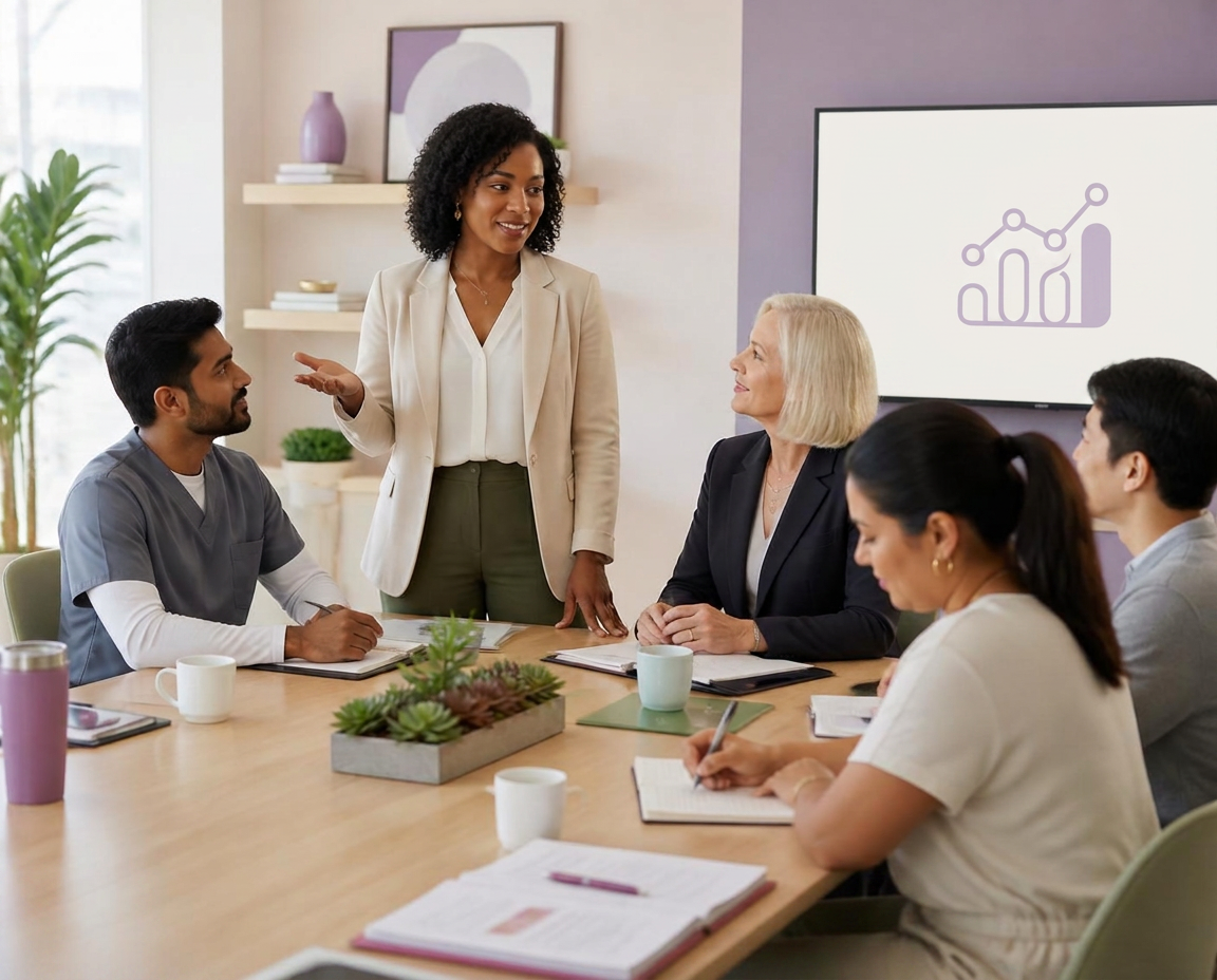 Wellness consultant meeting with healthcare providers around a table in a bright, calm consulting room